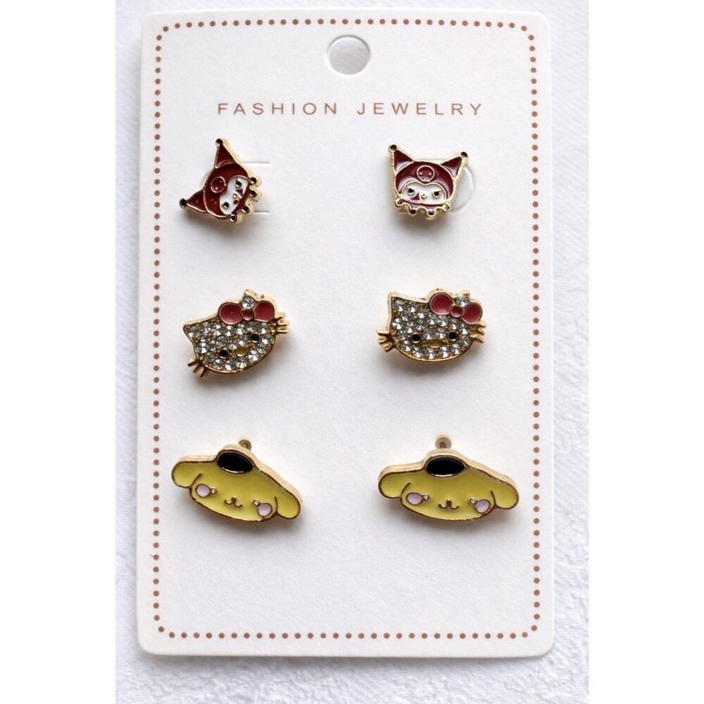 HELLO KITTY Karomi 6 PC Set Gold-Tone Rhinestone Stud Earrings Colorful NEW